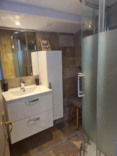 une salle de bain avec un lavabo blanc et un miroir dans l'établissement Charmant Appart cosy climatisé avec terrasse, à Bessèges