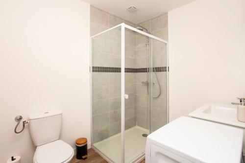 een badkamer met een douche, een toilet en een wastafel bij Le chocolaté ~ Grand T2 gourmand in Vierzon