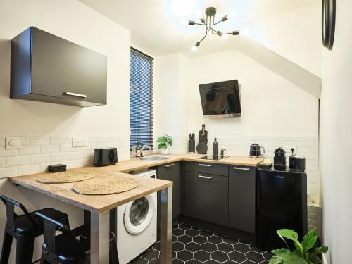 Il comprend une cuisine équipée d'un évier et d'un lave-linge/sèche-linge. dans l'établissement Très élégant duplex, proche Gare, à Grenoble