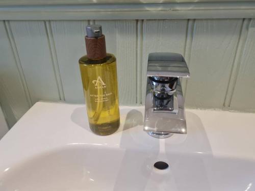 - une bouteille de savon à côté d'un distributeur de savon sur un lavabo dans l'établissement Kings Reach - Dunadd Cottage, à Kilmichael Glassary