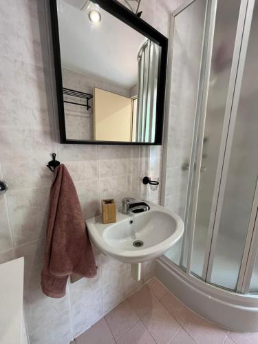 a bathroom with a sink and a mirror at Studio apartment in Ivan Dolac