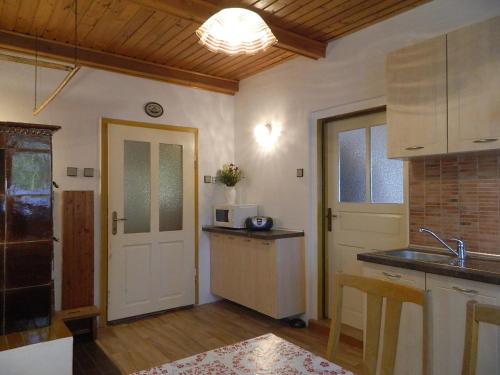 a kitchen with a sink and a door with a microwave at Chalupa u Lipna in Nová Pec
