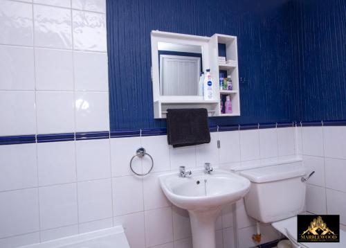 a bathroom with a white toilet and a sink at Modern Luxury house in Farnborough in Farnborough