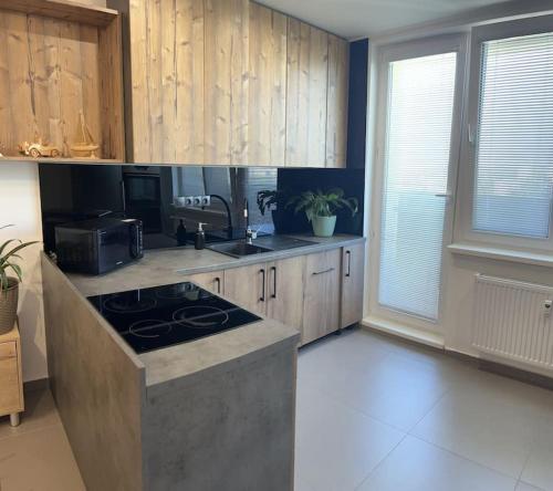 a kitchen with a sink and a stove in it at Sparrow apartmens 3 in Košice