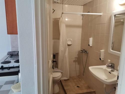 een badkamer met een toilet en een wastafel bij Pantheon Apartments Kos Town in Kos-stad