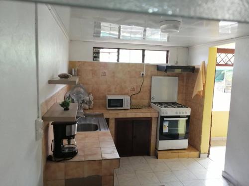 a small kitchen with a stove and a microwave at maison de ville in Saint-Denis