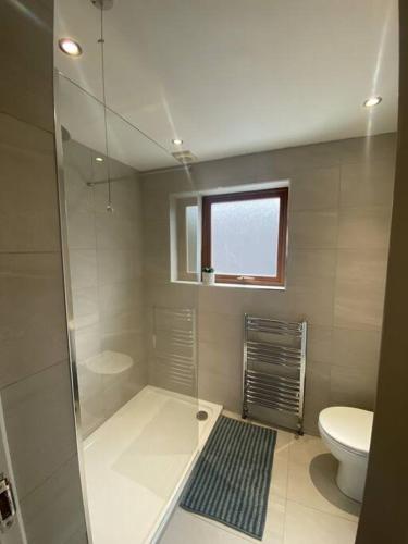 a bathroom with a shower and a toilet at Baker House (Ormeau Road) 4Bed in Belfast