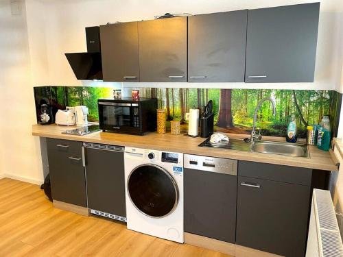 a kitchen with a washing machine and a sink at RobinsHomes-Industrial in Braunschweig