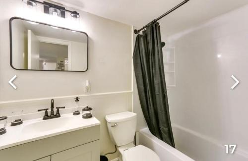 a bathroom with a sink and a toilet and a mirror at Comfort & Covenience in Laurel