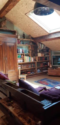 uma sala de estar com um sofá num quarto com livros em Maison proche de la nature em Quérigut