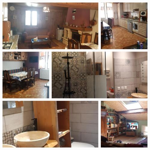 un collage de photos d'une cuisine et d'un salon dans l'établissement Maison proche de la nature, à Quérigut
