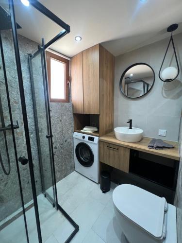 a bathroom with a toilet and a sink and a shower at Green Hill in Virpazar