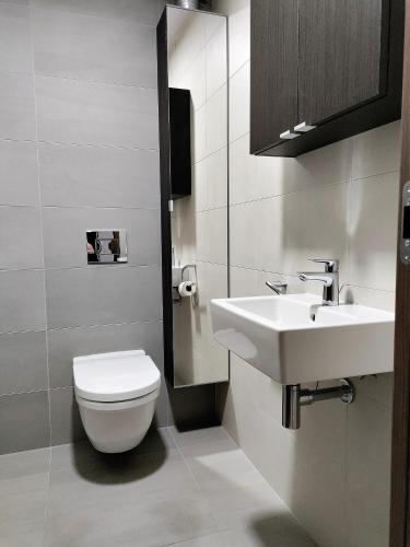 a bathroom with a white toilet and a sink at Sunset stay - Stunning views & Romantic Experience Option in Bratislava