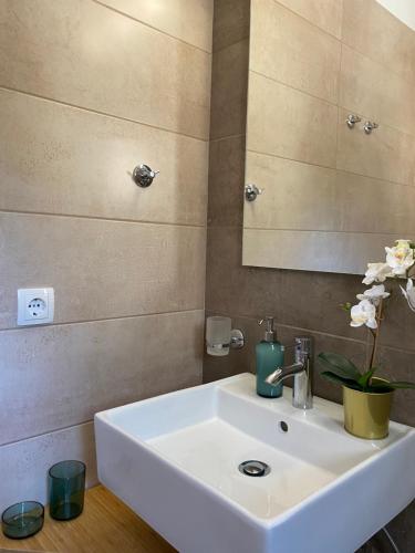 a bathroom with a white sink and a mirror at Casa Marina in Sivota