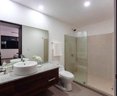 a bathroom with a sink and a toilet and a shower at Zona Comercial Nuevo Vallarta in Nuevo Vallarta 