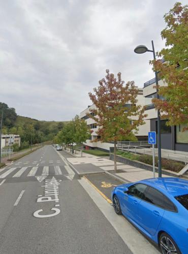 une voiture bleue garée sur le côté d'une rue dans l'établissement 10 min a San Sebastián, à Lasarte