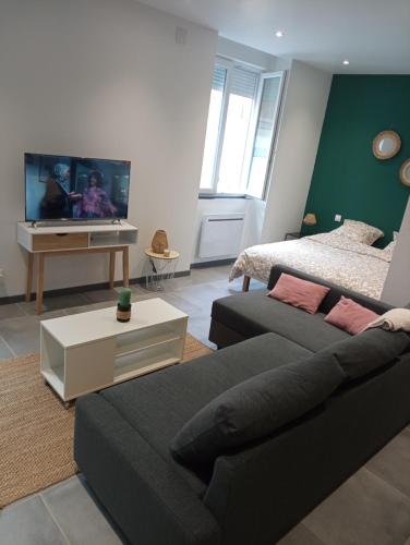 ein Wohnzimmer mit einem Sofa und einem Flachbild-TV in der Unterkunft Moment détente in Toul