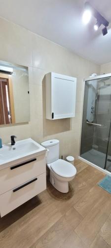 een badkamer met een toilet, een wastafel en een douche bij STAY HOME GETXO Metro and Beach in Getxo