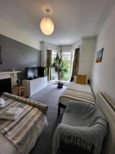 sala de estar con 2 camas y sofá en Aremo Room 1 en Torquay