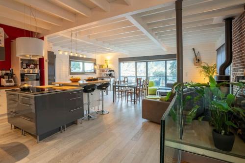 Il comprend une grande cuisine et un salon avec une salle à manger. dans l'établissement Big Villa with Private Pool & Magnificent view in Village center, à Le Revest-le-Eaux