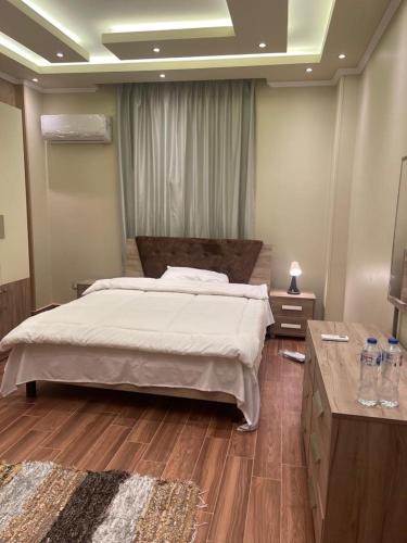 Sheikh Zayed的住宿－Modern and spacious duplex，一间卧室设有一张大床,铺有木地板