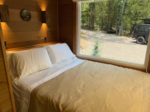 Bett in einem Zimmer mit einem großen Fenster in der Unterkunft HiddenAcres Cabin - woodsy private couples retreat in Eustace