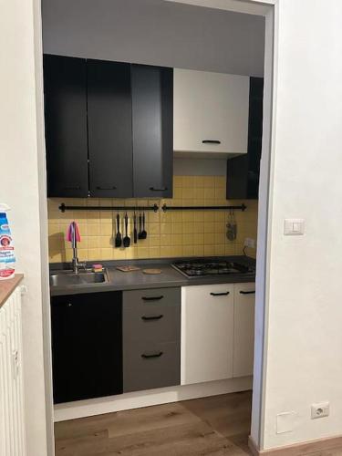 - une cuisine avec des placards noirs et blancs et un évier dans l'établissement Scilla Domus - Appartamento a Torino - S. Rita, à Turin