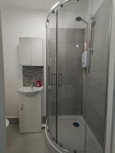 a bathroom with a shower and a sink at Charming Studio Flat with Parking in Enfield