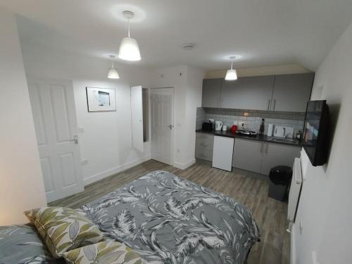 a living room with a bed and a kitchen at Charming Studio Flat with Parking in Enfield