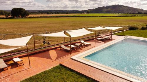 una piscina con sombrillas, sillas y un campo en Quinta das Arribas, en Abrantes