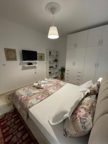 1 dormitorio con 1 cama grande y TV en Meg’s Apartment, en Gjirokastra