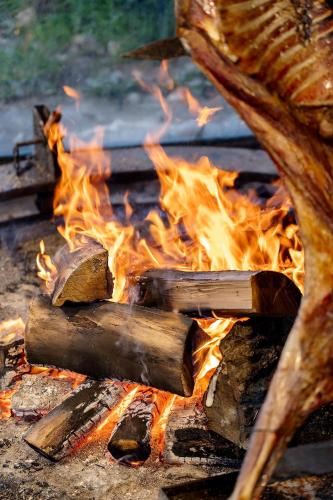 a fire is burning in a grill with logs at Los Ñires Ushuaia in Ushuaia