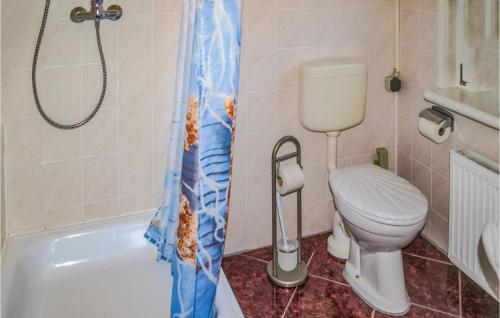 a bathroom with a toilet and a shower curtain at Amazing Home In Mirow- Ot Qualzow With Wifi in Qualzow