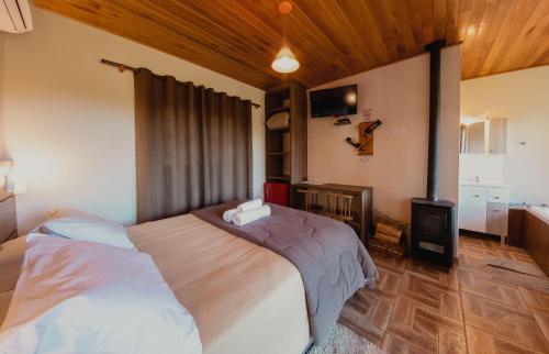 a bedroom with a large bed and a television at Pousada Lago da Colina in Urubici