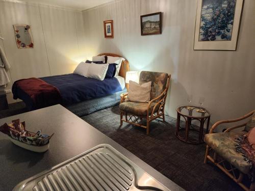 a bedroom with a bed and a chair and a table at Glenwood Akaroa Bush Retreat - Kanuka Hut in Akaroa