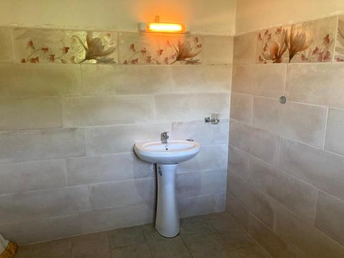 een badkamer met een witte wastafel en een licht op de muur bij Villa Soa in Hell-Ville