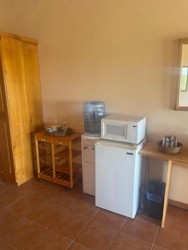 a kitchen with a microwave on top of a refrigerator at The Victory Villa in Parrot Hall