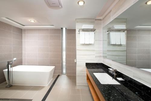 a bathroom with a bath tub and a sink at Hotel solaire in Boryeong