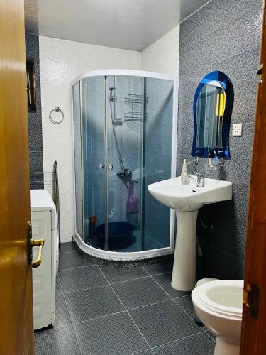 a bathroom with a shower and a sink and a toilet at holiday apartment in Batumi