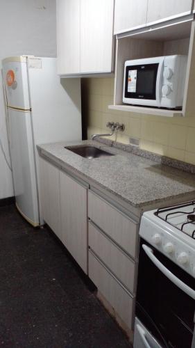 cocina con fregadero, fogones y microondas en Thot Aparts en Rosario