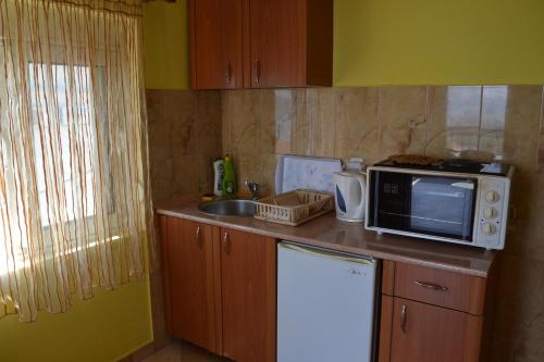 a small kitchen with a microwave and a sink at Apartments Milosevic in Bar
