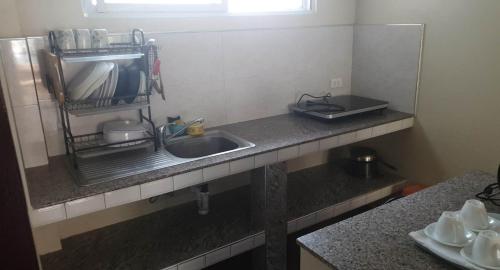 eine Küchentheke mit einem Waschbecken und einem Fenster in der Unterkunft birdwatchers beachfront hotel panglao in Panglao