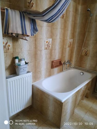 a bathroom with a white tub in a room at Avra in Artemida