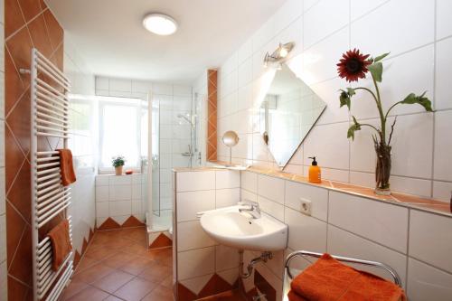 a white bathroom with a sink and a mirror at Ferienwohnungen Holder in Anhausen