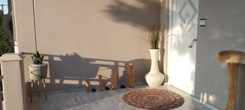 a shadow of a vase on the side of a door at Suite with garden in Aghia Marina