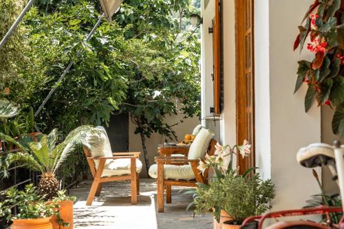 a patio with a table and chairs and plants at Makis Family Studio in Katelios