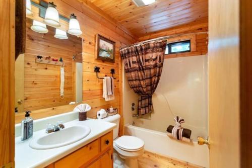 a bathroom with a sink and a toilet and a tub at Mountain Spirit Cabin - Fireplace and Hot Tub in Blue Ridge