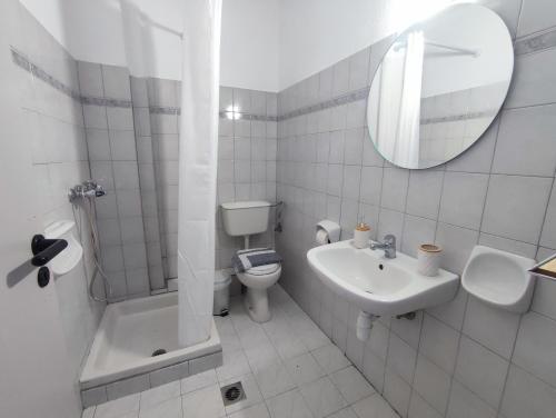 een badkamer met een wastafel, een toilet en een spiegel bij sivotahomes-Amaya in Sivota