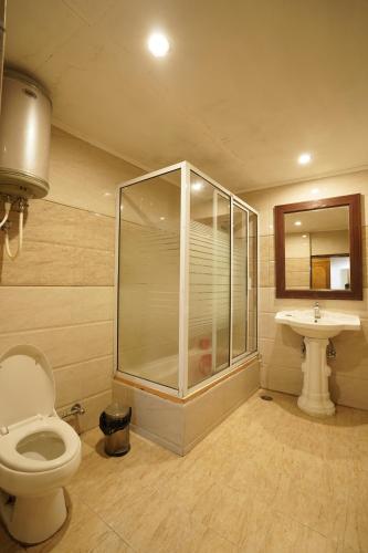 ein Bad mit einer Dusche, einem WC und einem Waschbecken in der Unterkunft Royal Palace Resort Bhagsunag in Dharamshala