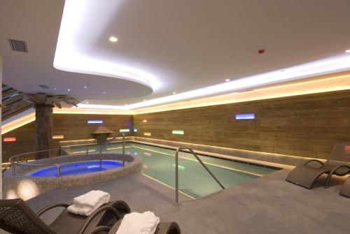 a swimming pool with a hot tub in a building at Hotel Cristallo in San Martino di Castrozza